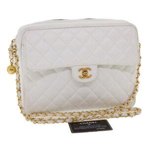 CHANEL Matelasse Chain Shoulder Bag Calf Skin Gold White CC Auth am1370gAV